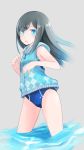  1girl asashio_(kantai_collection) black_hair blue_eyes blue_swimsuit comah competition_swimsuit hood hooded kantai_collection long_hair one-piece_swimsuit open_mouth personification sleeveless_hoodie solo swimsuit swimsuit_under_clothes vest water 