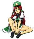  1girl arm_support bare_legs beret blue_eyes braid chestnut_mouth chinese_clothes hair_ribbon hand_on_hand hat hong_meiling kagehito long_hair looking_at_viewer puffy_short_sleeves puffy_sleeves redhead ribbon shoes short_sleeves sitting solo star tangzhuang thighs touhou tress_ribbon twin_braids 