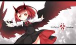 1girl :o black_dress blush copyright_name demon_wings dress horns letterboxed looking_at_viewer outstretched_arms pixiv_fantasia pixiv_fantasia_fallen_kings redhead saru short_hair solo wings yellow_eyes 