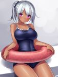  1girl blush breasts cleavage competition_school_swimsuit innertube large_breasts looking_at_viewer one-piece_swimsuit original ponytail short_hair silver_hair solo swimsuit tsukumiya_amane violet_eyes 