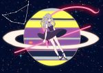  1girl armlet bare_legs capricorn_(constellation) constellation dress grey_hair hair_ornament kurokeisin long_hair looking_at_viewer original personification planet saturn saturn_symbol see-through side_ponytail sky solo space star_(sky) starry_sky 