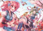  5girls blonde_hair blue_hair blue_sky breasts brown_hair cherry_blossoms cleavage clouds flower flower_wreath green_hair hair_bobbles hair_ornament hat hat_ribbon large_breasts lunasa_prismriver lyrica_prismriver merlin_prismriver multiple_girls obi onozuka_komachi open_mouth over_shoulder puffy_sleeves red_eyes redhead ribbon rod_of_remorse rojiko sash scythe shiki_eiki shirt short_sleeves skirt sky smile touhou tree twintails vest wrist_cuffs 