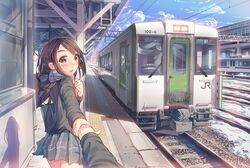  1girl arm_grab blush brown_eyes brown_hair daito long_hair looking_at_viewer open_mouth original pov pulling smile train 