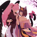  2girls animal_ears blue_eyes blush bow breasts brown_hair cat_ears cat_tail cherry_blossoms choker cleavage dress evil000000s eye_contact fan hair_ornament highres long_hair looking_at_another multiple_girls parted_lips pink_eyes pink_hair shikihime_zoushi smile tail tail_bow twintails untying wings yuri 