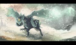  claws kyurem looking_at_viewer no_humans pokemon pokemon_(game) pokemon_bw sharp_teeth snowing tree tuooneo yellow_eyes 