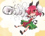  1girl bandages bun_cover clenched_hand commentary double_bun hair_bun highres ibaraki_kasen one_eye_closed pink_eyes pink_hair rocket_punch shackles shinapuu shirt short_puffy_sleeves skirt smile smoke solo tabard touhou wink 