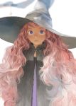  1girl bell blurry cloak depth_of_field hat long_hair looking_at_viewer matayoshi messy_hair original pink_hair solo standing very_long_hair violet_eyes wavy_hair white_background witch witch_hat 