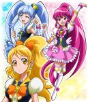  3girls :d ;d aino_megumi arm_up blonde_hair blue_background blue_eyes blue_hair boots bow bowtie brooch crown cure_honey cure_lovely cure_princess earrings hair_bow hair_ornament hanzou happinesscharge_precure! heart_hair_ornament jewelry long_hair magical_girl mini_crown multicolored_background multiple_girls necktie one_eye_closed oomori_yuuko open_mouth payot pink_background pink_eyes pink_hair pink_skirt ponytail precure shirayuki_hime skirt smile sparkle thigh_boots thighhighs twintails white_legwear wink wrist_cuffs yellow_background yellow_eyes 