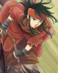  1girl arrow bow_(weapon) fingerless_gloves fire_emblem fire_emblem:_fuuin_no_tsurugi gloves green_eyes green_hair headband horse horseback_riding long_hair riding saddle solo sue_(fire_emblem) suzu007 weapon 