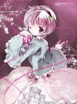  1girl cierra_(ra-bit) eyeball frilled_skirt frills hairband heart komeiji_satori long_skirt long_sleeves looking_at_viewer one_eye_closed pink_hair purple_background shirt short_hair simple_background skirt solo string text third_eye touhou violet_eyes wide_sleeves wink 