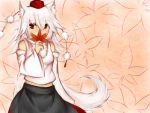  animal_ears autumn_leaves bare_shoulders blush breasts detached_sleeves hat inubashiri_momiji leaf long_hair looking_away midriff navel pom_pom_(clothes) red_eyes shirt silver_hair skirt tail tokin_hat touhou white_shirt wolf_ears wolf_tail 