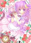  black_bow blue_bow blush book bow breasts card clock crescent_moon double_bun dress floral_background flower food fruit hair_bow hair_bun hasimo holding holding_book layered_dress long_hair looking_at_viewer moon patchouli_knowledge pink_dress playing_card puffy_short_sleeves puffy_sleeves purple_bow roman_numerals sash short_sleeves strawberry striped striped_dress touhou violet_eyes 