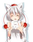  1girl animal_ears bare_shoulders blush breasts closed_eyes detached_sleeves hands happy hat highres inubashiri_momiji looking_at_viewer open_mouth pom_pom_(clothes) shirt short_hair silver_hair simple_background smile solo tokin_hat touhou white_background white_shirt wolf_ears 