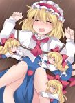  1girl ^_^ alice_margatroid blonde_hair blue_dress blue_eyes blush bow capelet closed_eyes commentary_request dress hair_bow hairband hammer_(sunset_beach) long_hair open_mouth shanghai_doll short_hair smile tickling touhou 