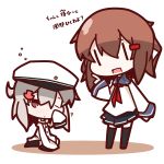  2girls brown_eyes brown_hair female_admiral_(kantai_collection) hair_ornament hairclip hat highres ikazuchi_(kantai_collection) kantai_collection kneeling multiple_girls nuu_(nu-nyu) one_eye_closed open_mouth short_hair silver_hair translated wink |_| 
