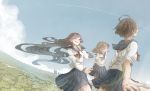  3girls ahoge brown_hair closed_eyes clouds condensation_trail grass long_hair mizutame_tori multiple_girls original school_uniform serafuku short_hair silhouette sky smile very_long_hair wind 