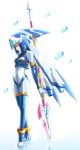  1girl android blue_hair boots closed_eyes detached_sleeves gloves helmet high_heels kyokkou leviathan_(rockman) polearm rockman rockman_zero solo spear thigh-highs water water_drop weapon 