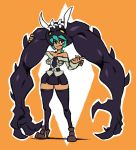  1girl aqua_hair bare_shoulders black_legwear breasts brown_eyes cerebella_(skullgirls) cosplay dark_skin eyeshadow facial_tattoo filia_(skullgirls) filia_(skullgirls)_(cosplay) full_body hat koi_drake living_clothes makeup necktie samson_(skullgirls) school_uniform skirt skullgirls slender_waist solo tattoo thighhighs vice-versa_(skullgirls) wrist_cuffs 