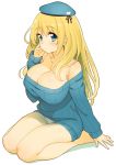  1girl alternate_costume atago_(kantai_collection) bad_id beret blonde_hair blue_eyes blush breasts cleavage hat kantai_collection large_breasts long_hair looking_at_viewer panties ribbed_sweater simple_background solo sweater underwear white_background white_panties zpolice 