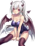  1girl black_legwear blush breasts cleavage competition_school_swimsuit demon_girl demon_horns demon_tail demon_wings horns large_breasts long_hair one-piece_swimsuit original pointy_ears red_eyes silver_hair simple_background solo succubus swimsuit tail thighhighs tsukumiya_amane white_background wings 