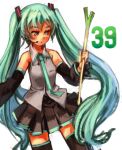  1girl 39 detached_sleeves green_eyes green_hair hatsune_miku headset long_hair necktie sachito skirt solo spring_onion thighhighs twintails very_long_hair vocaloid white_background 