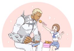  1boy 1girl blonde_hair blush brown_hair chopsticks croquette eating feeding food gamagoori_ira kill_la_kill mankanshoku_mako ni_to obentou school_uniform serafuku short_hair skirt uniform 