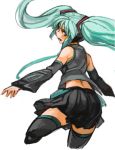  1girl detached_sleeves floating_hair from_behind green_eyes green_hair hatsune_miku headphones long_hair looking_back midriff necktie sachito skirt solo thighhighs twintails vocaloid white_background 