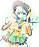  1girl adjusting_clothes adjusting_hat aqua_hair ellipsis_(mitei) frilled_skirt frilled_sleeves frills green_eyes hand_to_hat hat hat_ribbon highres komeiji_koishi ribbon shirt short_hair skirt third_eye touhou wide_sleeves 