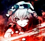  1girl bust eruza fangs looking_at_viewer mob_cap outstretched_arm remilia_scarlet silver_hair solo spear_the_gungnir touhou 