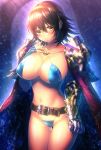  1girl armor belt bikini bikini_armor blue_bikini blush breasts brown_eyes brown_hair buckle cape fuji_minako gauntlets highres jewelry large_breasts navel necklace original parted_lips pauldrons short_hair solo sweat swimsuit 