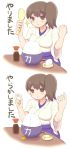  1girl brown_eyes brown_hair chopsticks colored_eyelashes crying crying_with_eyes_open egg failure highres japanese_clothes kaga_(kantai_collection) kantai_collection multiple_girls personification rice rice_spoon short_hair side_ponytail suizennji tamagokake_gohan tears translated 
