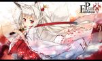  1girl animal_ears copyright_name fox_ears fox_tail japanese_clothes katana letterboxed long_hair looking_at_viewer miko multiple_tails pixiv_fantasia pixiv_fantasia_fallen_kings red_eyes saru slit_pupils solo sword tail weapon white_hair wide_sleeves 