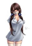  1girl arms_behind_back blush breasts brown_hair cleavage dress face_mask full-face_blush game00985 hair_bobbles hair_ornament large_breasts long_hair looking_at_viewer low_twintails mask original short_dress solo surgical_mask thigh-highs twintails zettai_ryouiki 