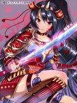  1girl armor black_hair blush character_request fingerless_gloves gloves glowing glowing_sword glowing_weapon holding_weapon horn junketsu_duelion long_hair matarou_(genkai_toppa) pink_gloves ponytail red_eyes samurai samurai_armor solo sword weapon 