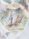  2boys 2girls aino_minako bishoujo_senshi_sailor_moon blonde_hair blurry bow bracelet cape depth_of_field doujinshi flower grey_hair hair_bow highres holding_hands jewelry kunzite_(sailor_moon) long_hair multiple_boys multiple_girls nijinohouseki sailor_venus traditional_media tree watercolor_(medium) 