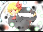  &gt;:d 1girl :d blonde_hair blouse danmaku darkness ellipsis_(mitei) hair_ribbon highres open_mouth outstretched_arms red_eyes ribbon rumia short_hair skirt smile spread_arms touhou vest 