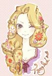  1girl blonde_hair braid face flower green_eyes hair_flower hair_ornament long_hair one_eye_closed rapunzel_(disney) smile tangled wink 