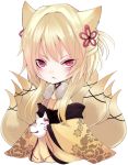  1girl animal_ears asame21 blonde_hair dress fox_ears fox_mask fox_tail frown full_body japanese_clothes kimono long_hair long_sleeves mask multiple_tails ninetales personification pokemon pokemon_(game) red_eyes solo tail white_background yellow_dress 