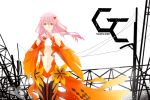  1girl absurdres bare_shoulders black_legwear breasts center_opening cleavage detached_sleeves elbow_gloves fingerless_gloves gloves guilty_crown hair_ornament hairclip highres long_hair looking_at_viewer navel pink_hair red_eyes solo thigh-highs twintails yuzuriha_inori 