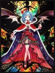  6+girls adapted_costume ascot bat_wings blue_hair chirarizushi crown dress flandre_scarlet highres hong_meiling izayoi_sakuya koakuma large_wings layered_dress lipstick looking_at_viewer makeup multiple_girls open_dress patchouli_knowledge red_eyes remilia_scarlet short_hair silhouette stained_glass tagme touhou wings wrist_cuffs 