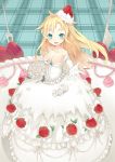  1girl :d bare_shoulders blonde_hair bouquet breasts cake cleavage collarbone dress elbow_gloves flower food food_as_clothes food_themed_clothes fred04142 fruit gloves green_eyes long_hair looking_at_viewer open_mouth original smile solo strawberry wedding_dress whipped_cream white_gloves 