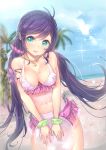  1girl ball beach beachball bikini bikini_skirt blue_eyes blush bracelet braid breasts cleavage collarbone cozyquilt green_eyes heart jewelry large_breasts long_hair looking_at_viewer love_live!_school_idol_project low_twintails navel necklace open_mouth palm_tree pendant purple_bikini purple_hair scrunchie see-through smile solo strap_gap swimsuit tattooed_breast toujou_nozomi tree twintails very_long_hair 