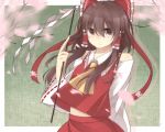  1girl arm_behind_back ascot bow brown_eyes brown_hair cherry_blossoms detached_sleeves gohei hair_bow hair_tubes hakurei_reimu hisaki1118 holding looking_at_viewer lowres nontraditional_miko open_mouth payot petals red_bow red_skirt short_hair simple_background skirt solo touhou vest 