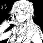  1girl black_background freckles glasses jack_bright jewelry labcoat long_hair lowres monochrome necklace parted_lips roels scp_foundation simple_background solo tagme venus_symbol 