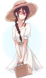  1girl basket belt braid brown_eyes brown_hair dress glasses hat holding long_hair red-framed_glasses shirofox solo straw_hat sun_hat white_dress 