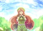  1girl arms_behind_back blue_sky bow braid breasts closed_eyes clouds facing_viewer hair_bow hat hong_meiling leaf long_hair open_mouth outdoors redhead rya_(aptkz_11) skirt skirt_set sky solo star touhou tree twin_braids very_long_hair 