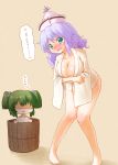  2girls :&lt; aqua_eyes arinu ass barefoot blush breast_envy breasts bucket cleavage collarbone crossed_arms flat_chest green_hair hair_bobbles hair_ornament hat in_bucket in_container japanese_clothes kimono kisume kisume_(cosplay) large_breasts merlin_prismriver multiple_girls nude purple_hair shaded_face touhou translated twintails undersized_clothes wavy_mouth yukata 