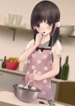  1girl apron black_eyes black_hair chikuwa_(glossymmmk) chocolate chocolate_bar cooking dutch_angle ladle long_hair mixing_bowl original polka_dot solo spatula standing tasting twintails wrapper 