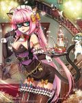  1girl animal_ears bell blue_eyes breasts cat cat_ears cat_tail detached_collar dino_(trexsilence) elbow_gloves gloves jewelry long_hair looking_at_viewer maid_headdress mask original pink_hair solo tail thigh-highs tray wrist_cuffs 