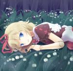  1girl blonde_hair blue_eyes bow doll_joints dress flower hair_ribbon lily_of_the_valley looking_at_viewer lying medicine_melancholy mito_tsubaki on_stomach parted_lips puffy_short_sleeves puffy_sleeves ribbon short_hair short_sleeves solo touhou 